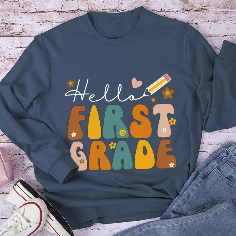 Personalized Hello First Grade Cartoon Letters Long Sleeve T-Shirt