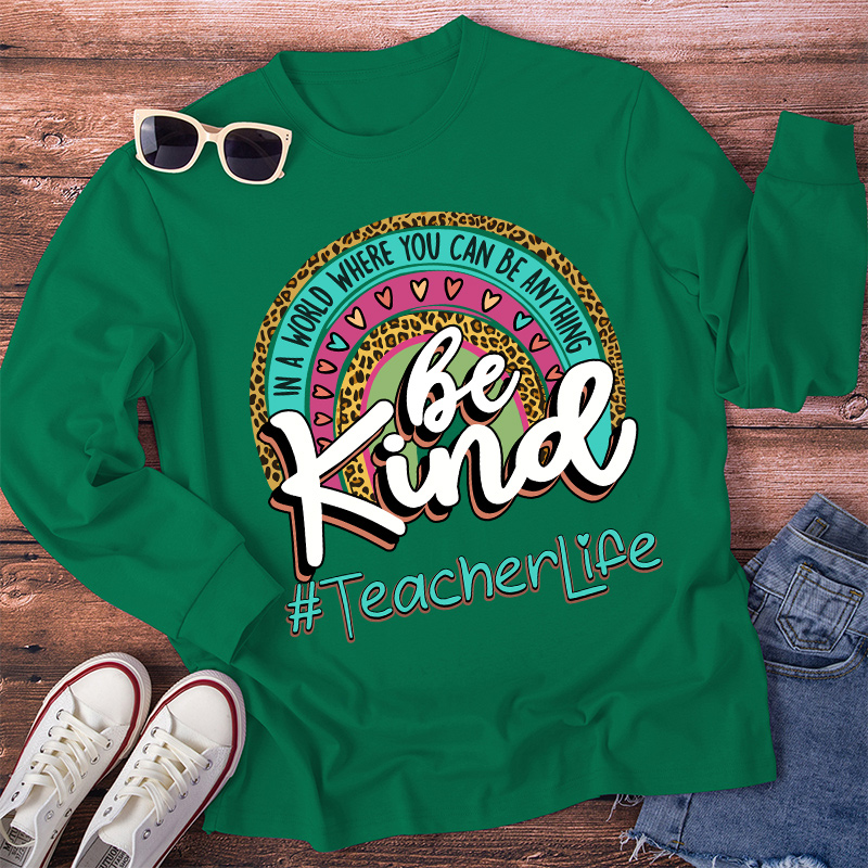 Be Kind Leopard Print Rainbow Long Sleeve T-Shirt
