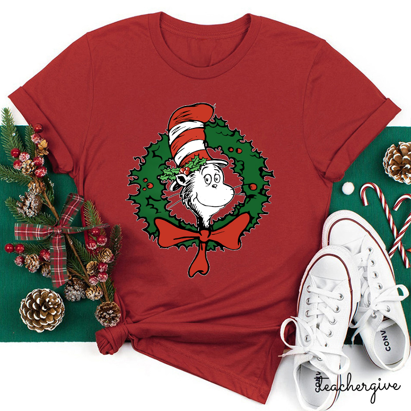 The Cat In The Hat With A Christmas Wreath Teacher T-Shirt