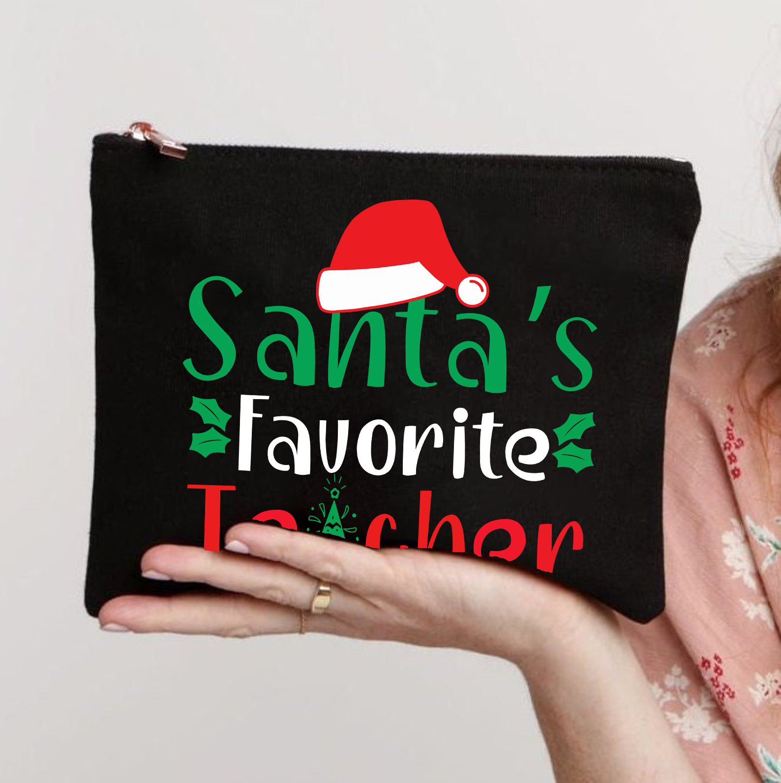 Santa's Favorite Teacher Christmas Tree Makeup Bag
