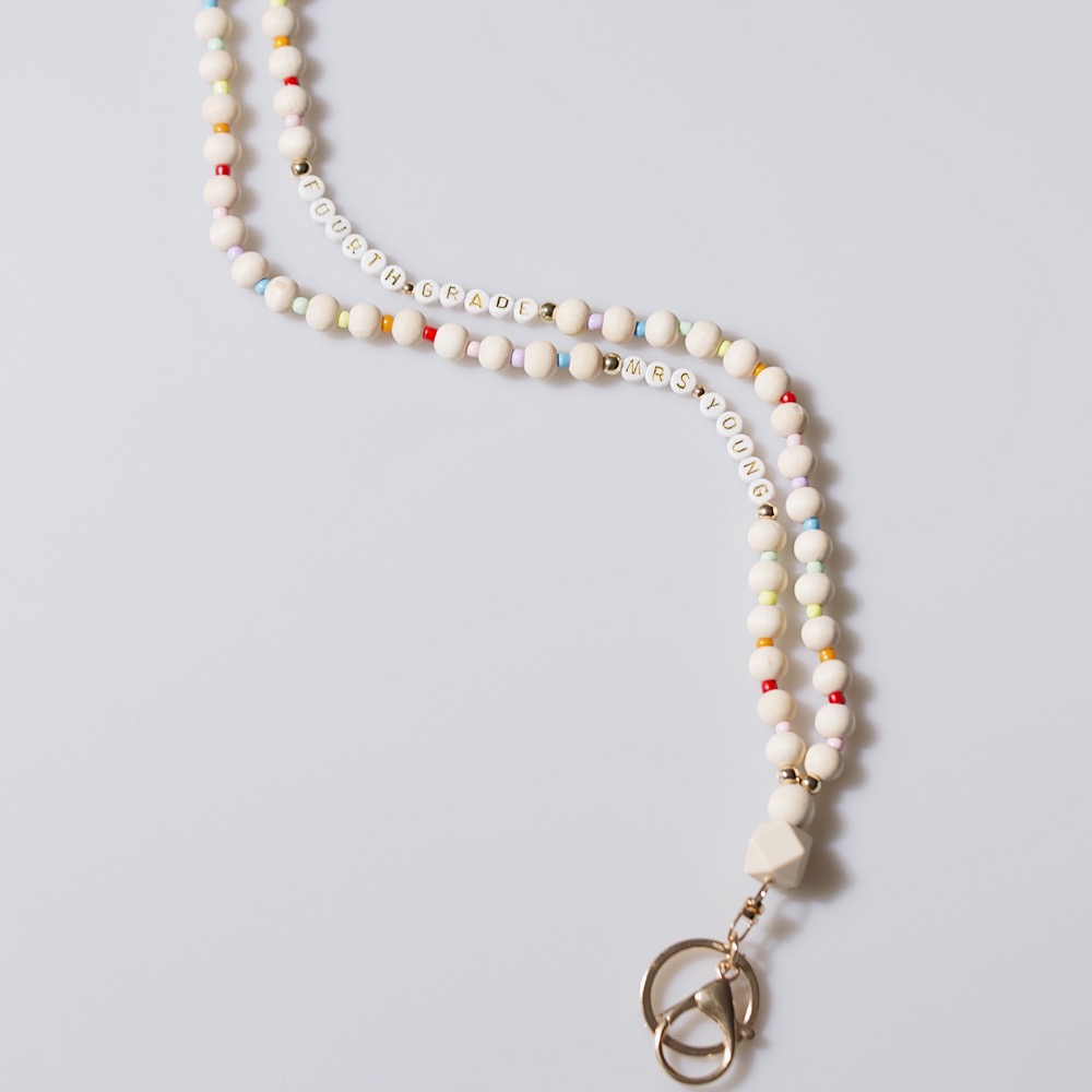 Personalized Multicolor Wooden Beads Teacher Name And Grade Lanyard