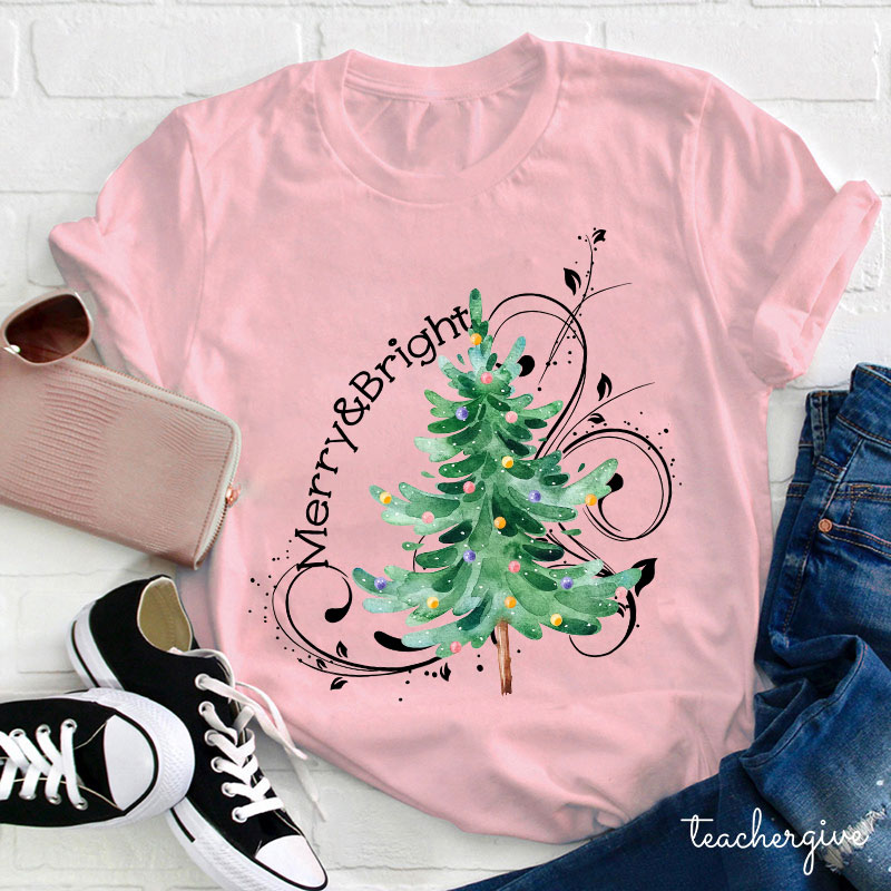 Merry And Bright Christmas Teacher T-Shirt