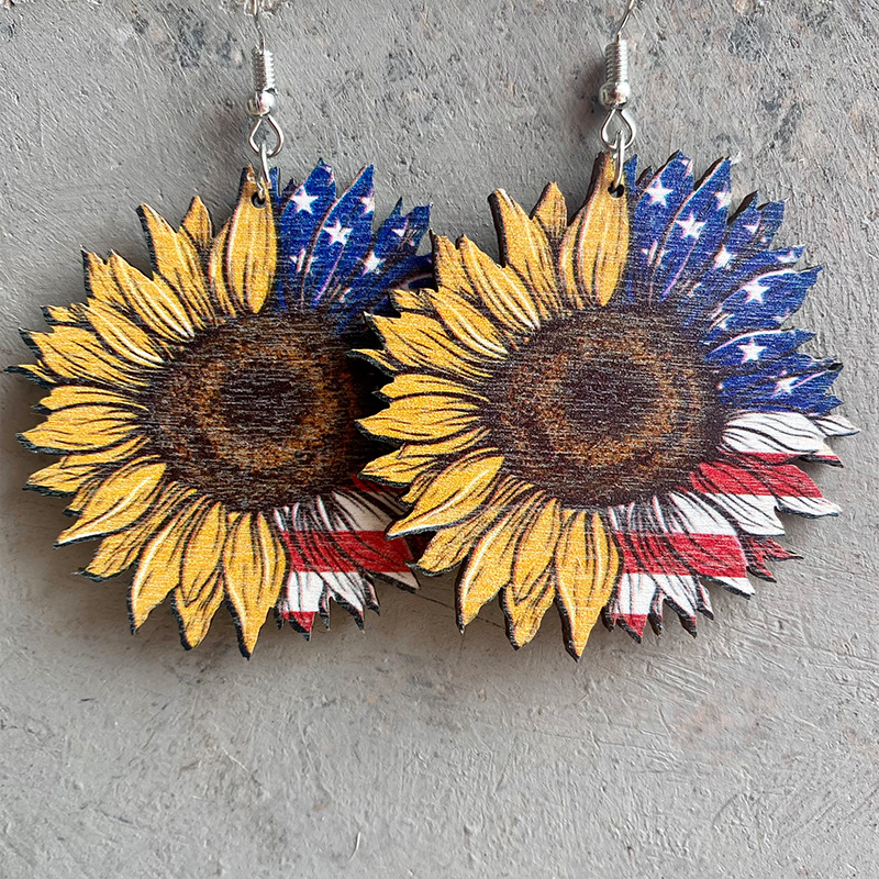 Sunfllower And American National Flag  Wooden Earrings