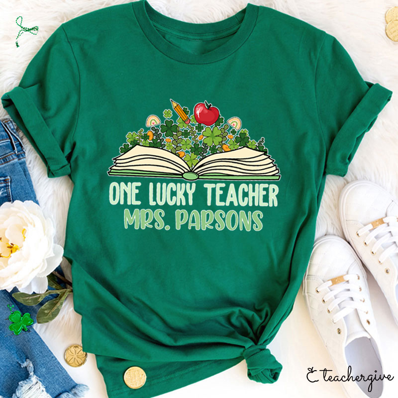 Personalized Name One Lucky Teacher Book And Cloves Teacher T-Shirt
