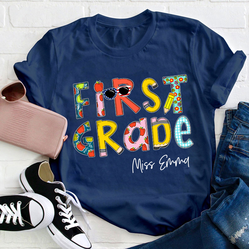 Personalized Name And Grade Colorful Crayon Teacher T-Shirt