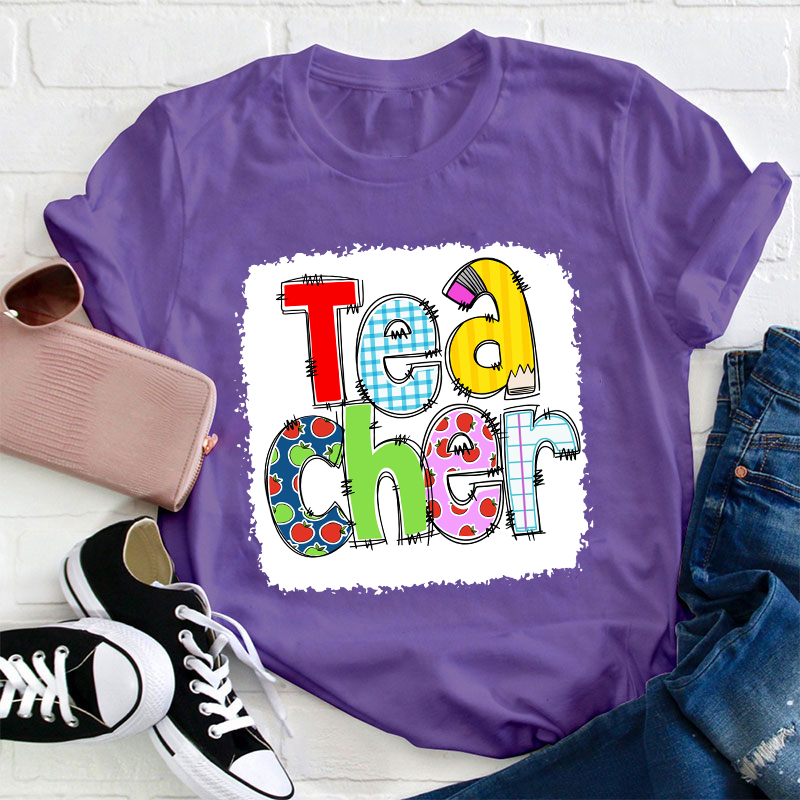 Teacher Letter Pencil Apple Pattern  T-Shirt