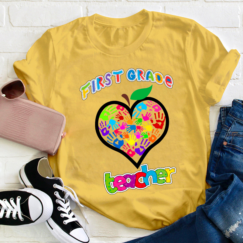 Personalized Colorful Little Hands Form A Love Heart Teacher T-Shirt