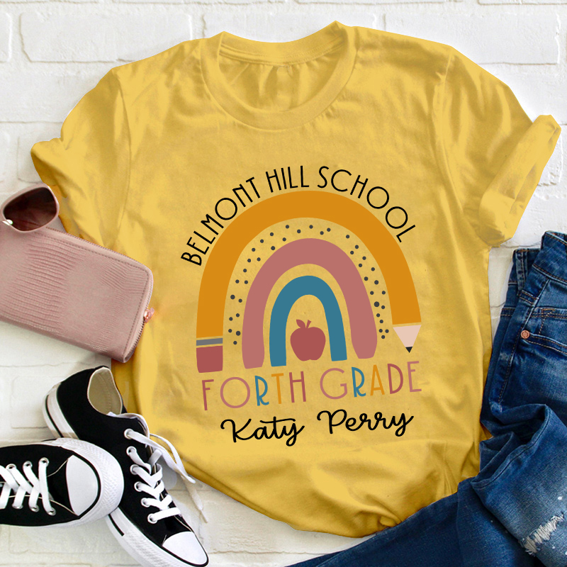 Personalized Name Rainbow Apple Teacher T-Shirt