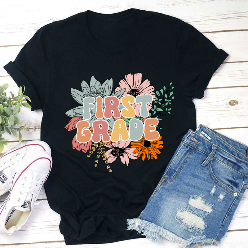 Personalized Grade Flowers Teacher T-Shirt