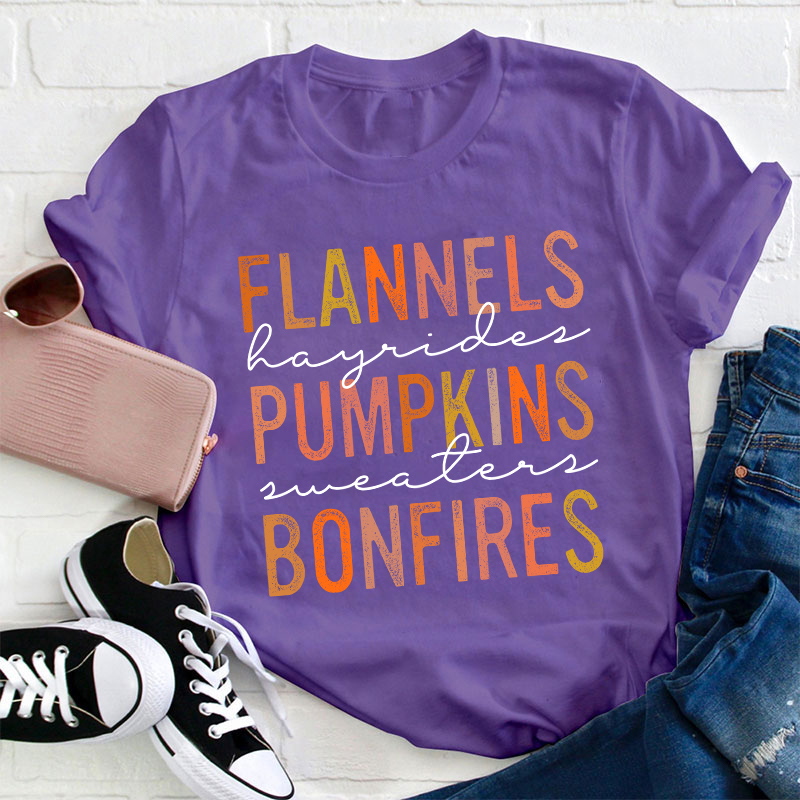 Flannels Pumpkins Bonfires Teacher T-Shirt