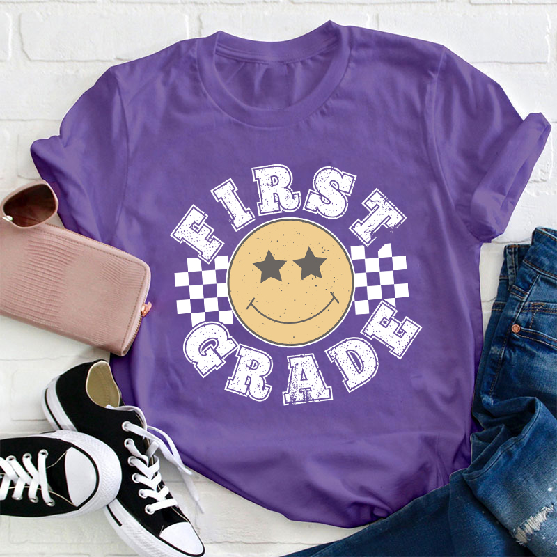 Personalized Grade Checkered Smiley Face Teacher T-Shirt