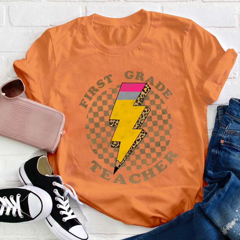 Personalized Grade Pencil Lighting Teacher T-Shirt