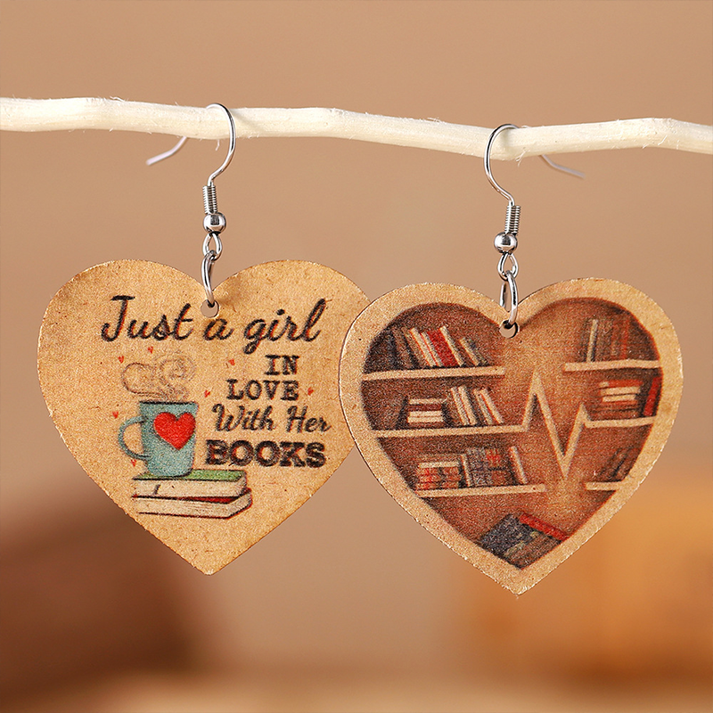 Heart-Shaped Bookshelf Just A Girl In Love With Her Books Teacher Wooden Earrings