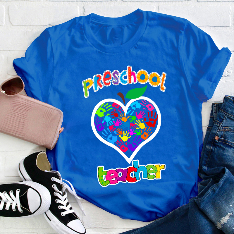 Personalized Colorful Little Hands Form A Love Heart Teacher T-Shirt