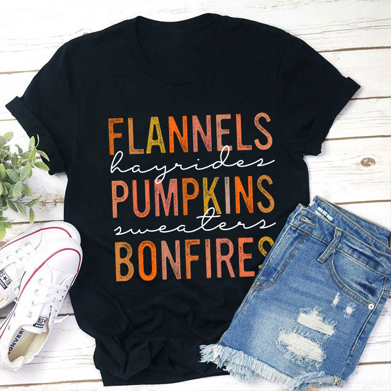 Flannels Pumpkins Bonfires Teacher T-Shirt