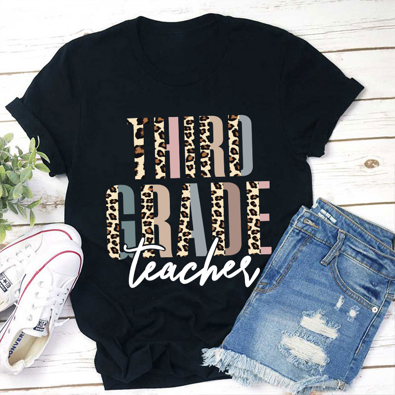Personalized Grade Color Leopard Print Teacher T-Shirt