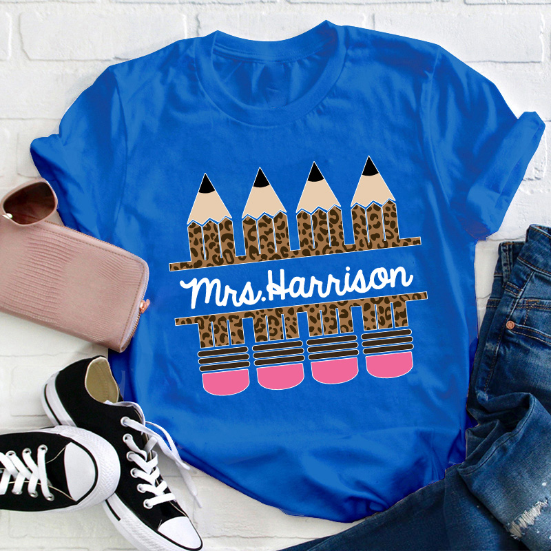 Personalized Name Pink Leopard Pencil Teacher T-Shirt