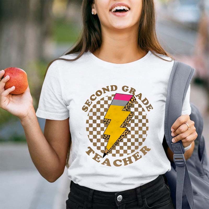 Personalized Grade Pencil Lighting Teacher T-Shirt