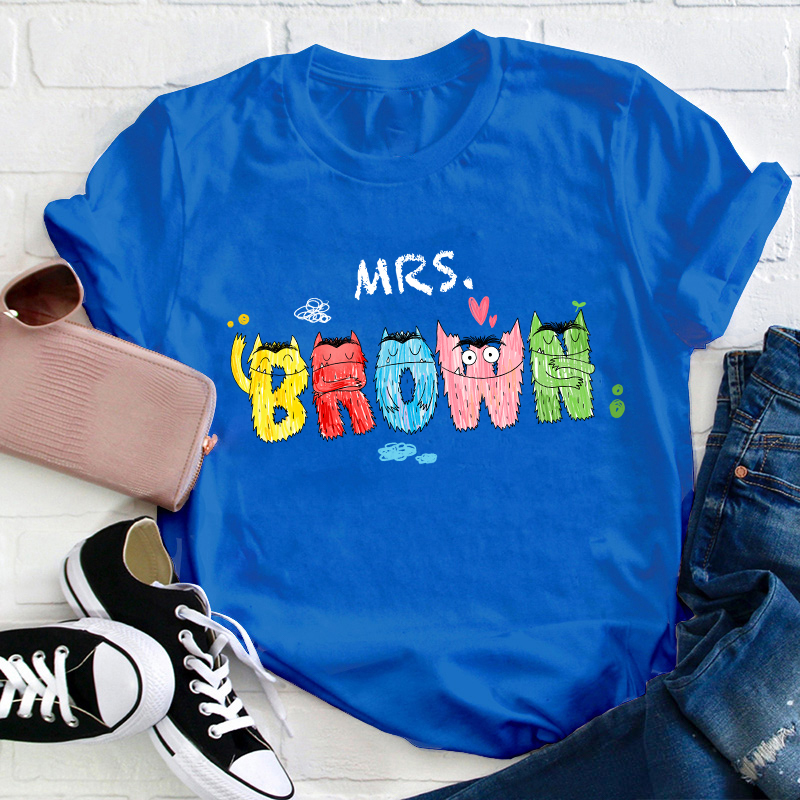 Personalized Name Lively Cute Colorful Monsters Teacher T-Shirt