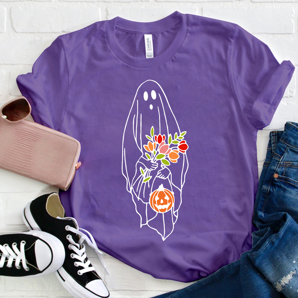 Halloween Ghost Holding Flowers Pumpkin T-Shirt