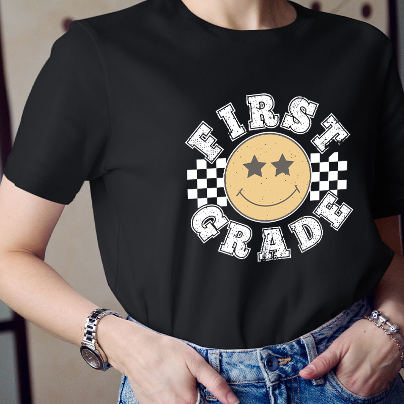 Personalized Grade Checkered Smiley Face Teacher T-Shirt