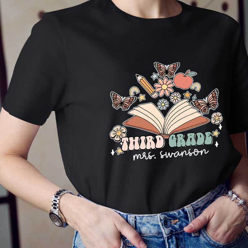 Personalized Name And Grade Books Flowers Butterflies Teacher T-Shirt