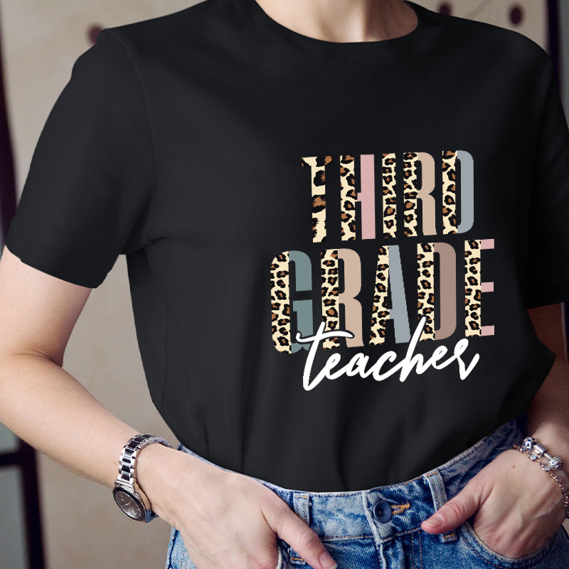 Personalized Grade Color Leopard Print Teacher T-Shirt