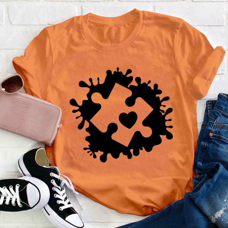 Puzzle Paint Splatter Autism Awareness Teacher T-Shirt