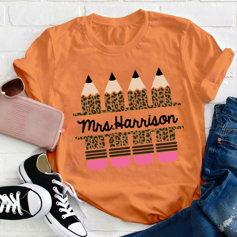 Personalized Name Pink Leopard Pencil Teacher T-Shirt