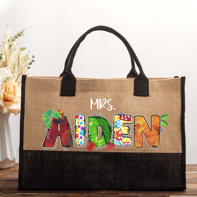 Personalized Name Caterpillar Apple Teacher Cotton Tote Bag
