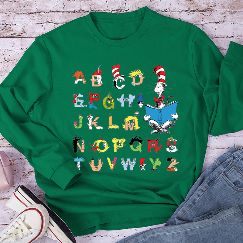 Cat Reading Books With Alphabet Long Sleeve T-Shirt