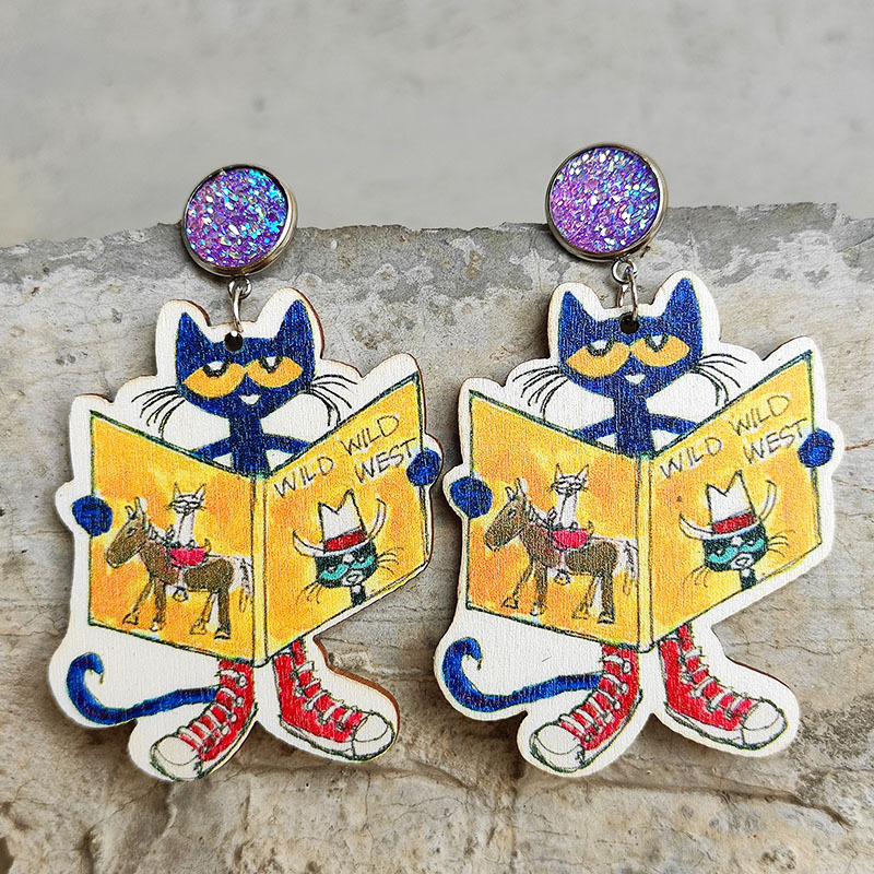 Blue Cat Reading Books  Wooden Earrings