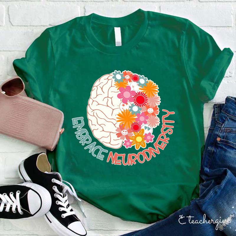 Embrace Neurodiversity Floral Brain Smile Faces Teacher T-Shirt
