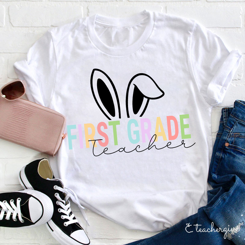 Personalized Grade Bunny Ears Teacher T-Shirt