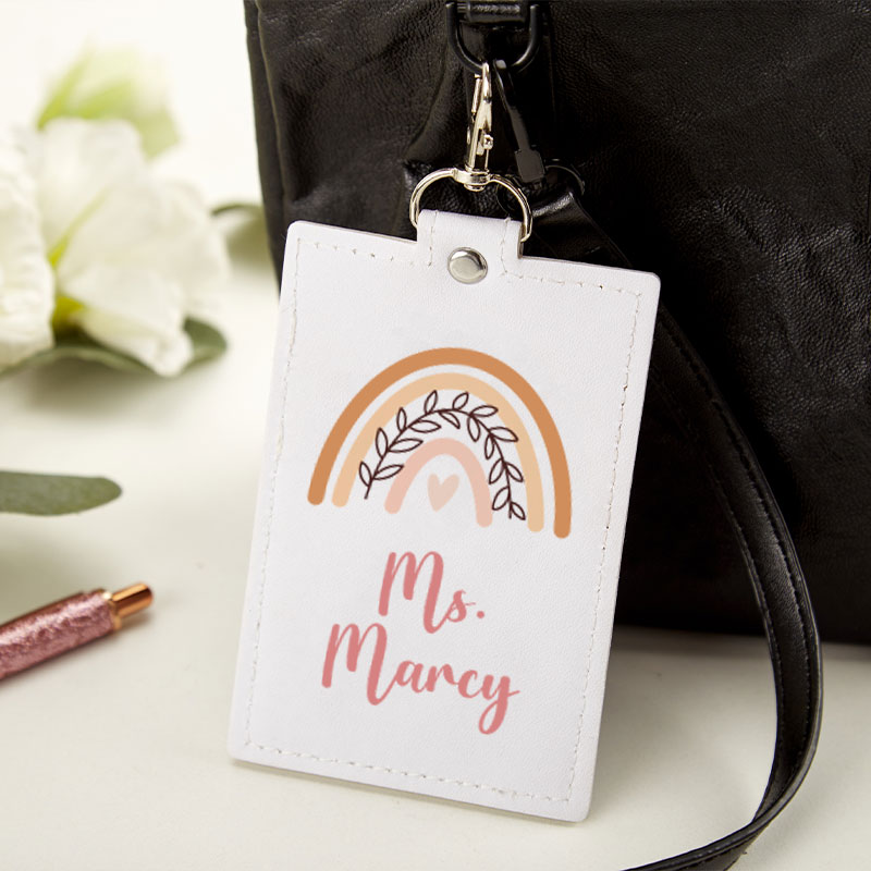 Personalized Brown Boho Rainbow with Leaves Badge Holder