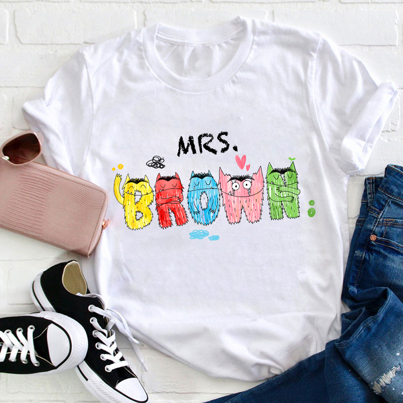 Personalized Name Lively Cute Colorful Monsters Teacher T-Shirt