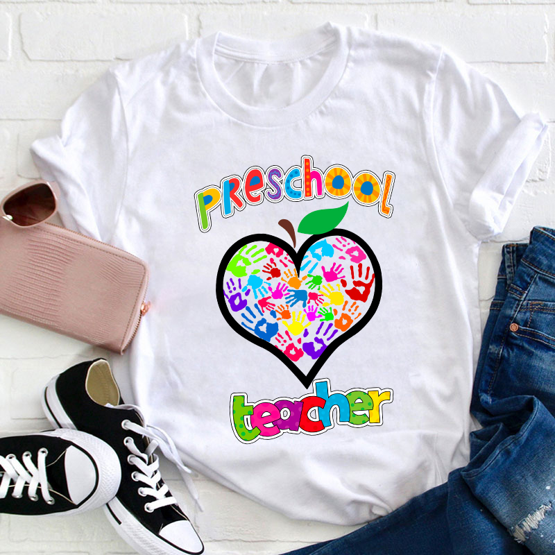 Personalized Colorful Little Hands Form A Love Heart Teacher T-Shirt