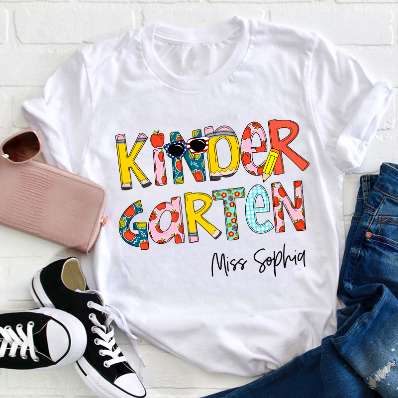Personalized Name And Grade Colorful Crayon Teacher T-Shirt