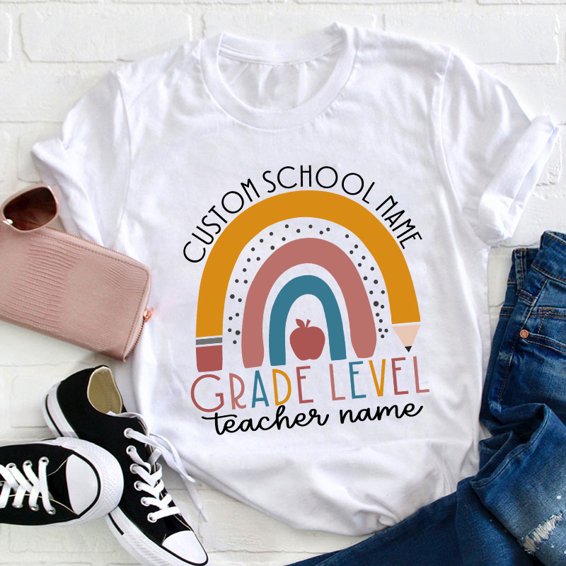 Personalized Name Rainbow Apple Teacher T-Shirt