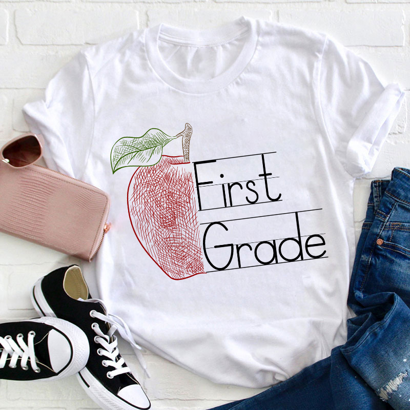 Personalized Grade Half Of Red Apple Teacher T-Shirt