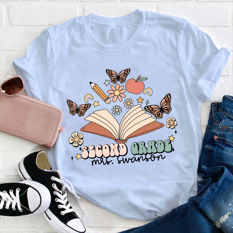 Personalized Name And Grade Books Flowers Butterflies Teacher T-Shirt