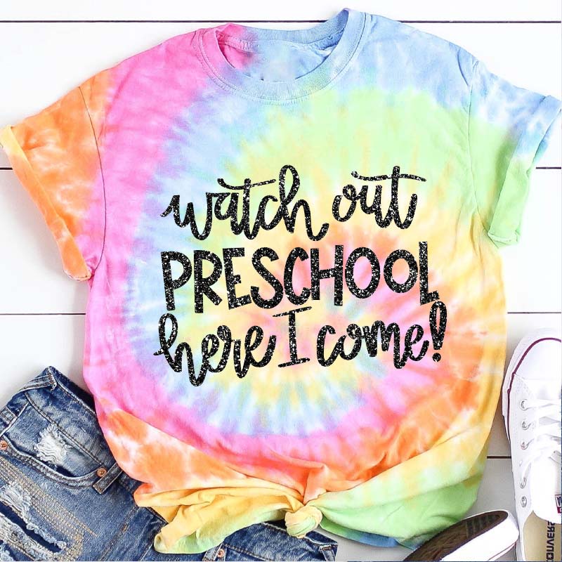 Personalized Watch Out Preschool Here I  Come Teacher Tie-dye T-Shirt