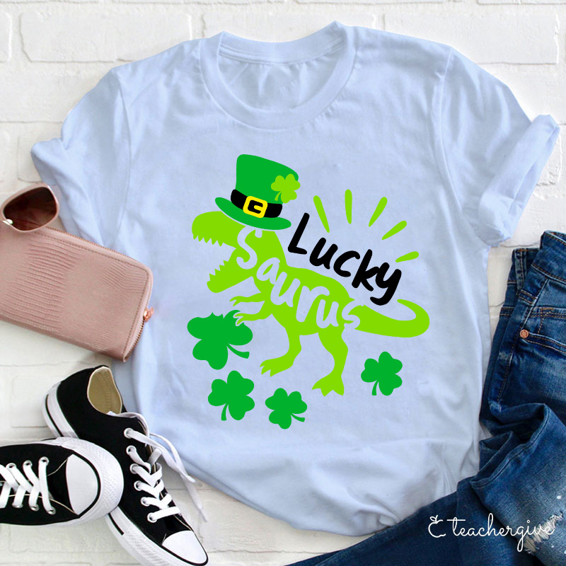 Luck Saurus Eating Clovers Teacher T-Shirt