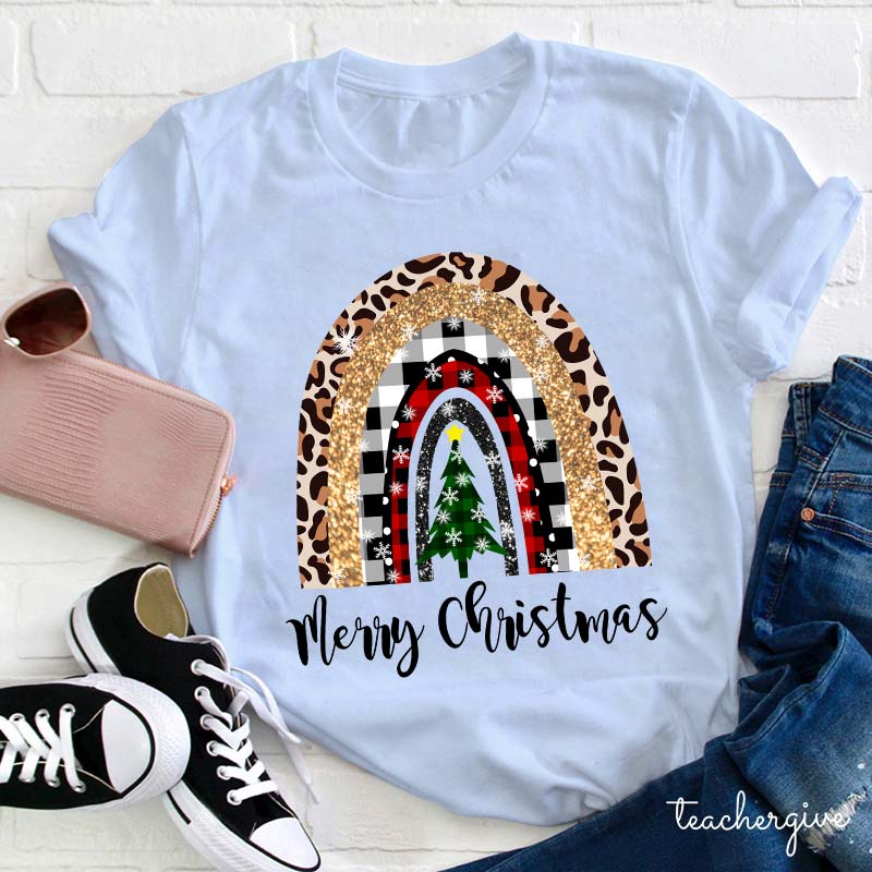 Merry Christmas A Christmas Tree In The Snow Teacher T-Shirt