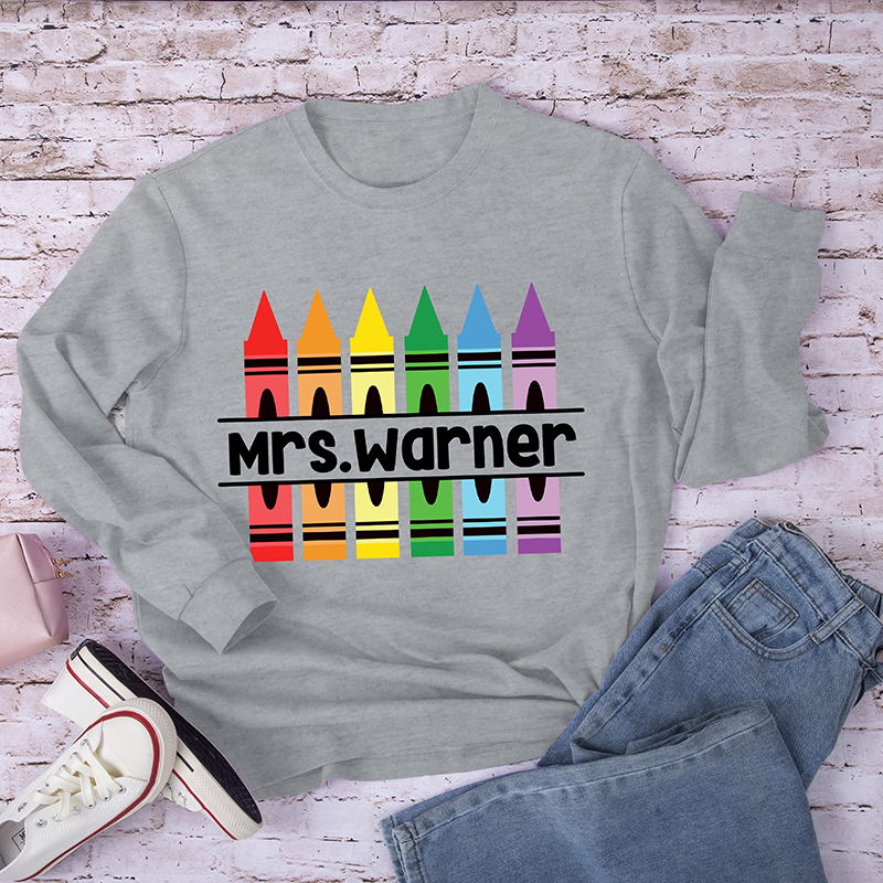 Personalized Pencil Crayon Teacher Name Long Sleeve T-Shirt
