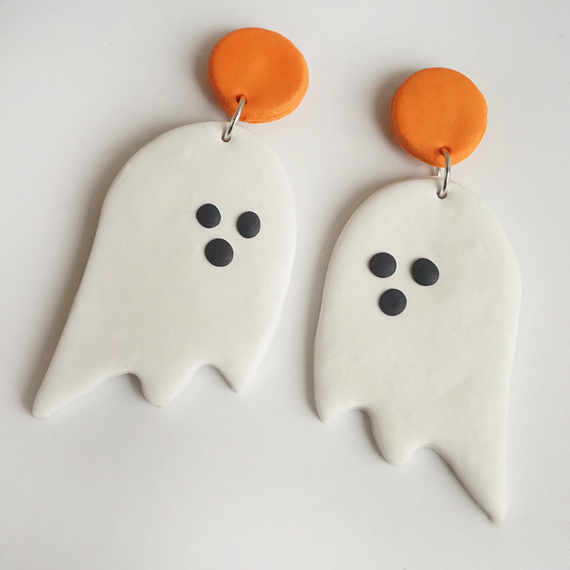 Funny Little White Ghost  Clay Earrings