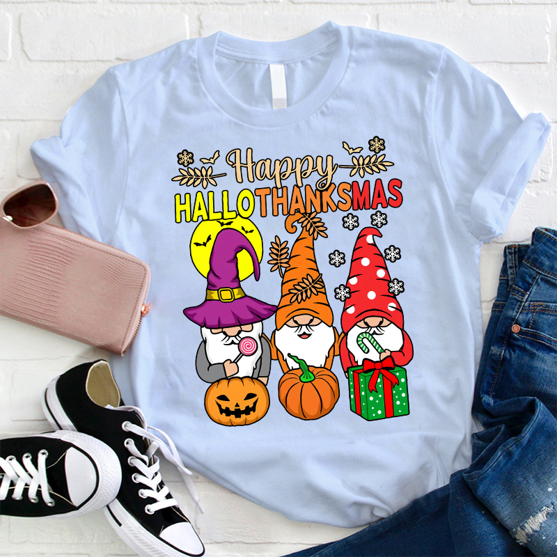 Gnomes Siblings Happy Hallothanksmas Teacher T-Shirt