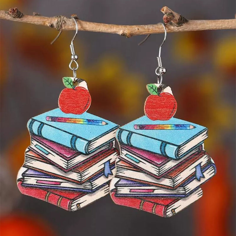 Stack Of Books Teacher Wooden Earrings