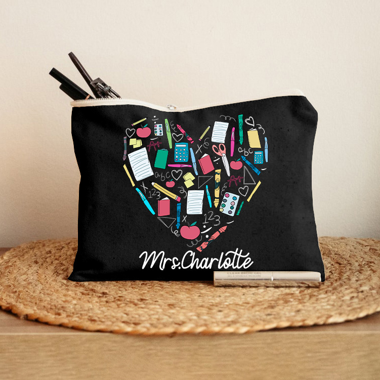 Personalized Teacher Heart Makeup Bag