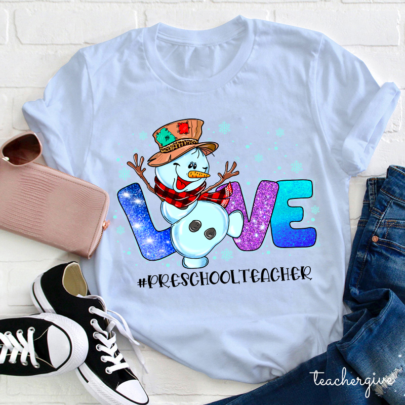 Personalized Snowman Love Shining Christmas Teacher T-Shirt